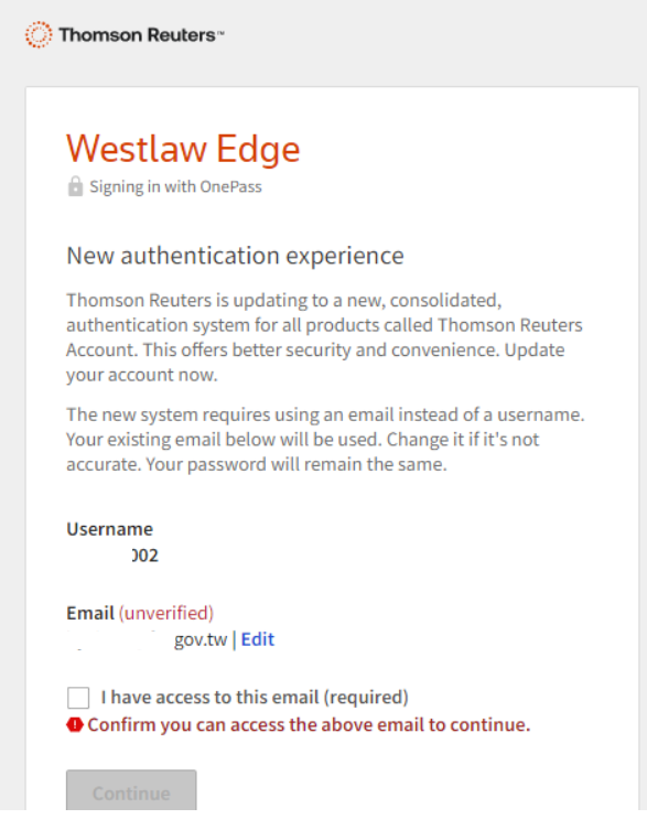 Westlaw登入畫面示意