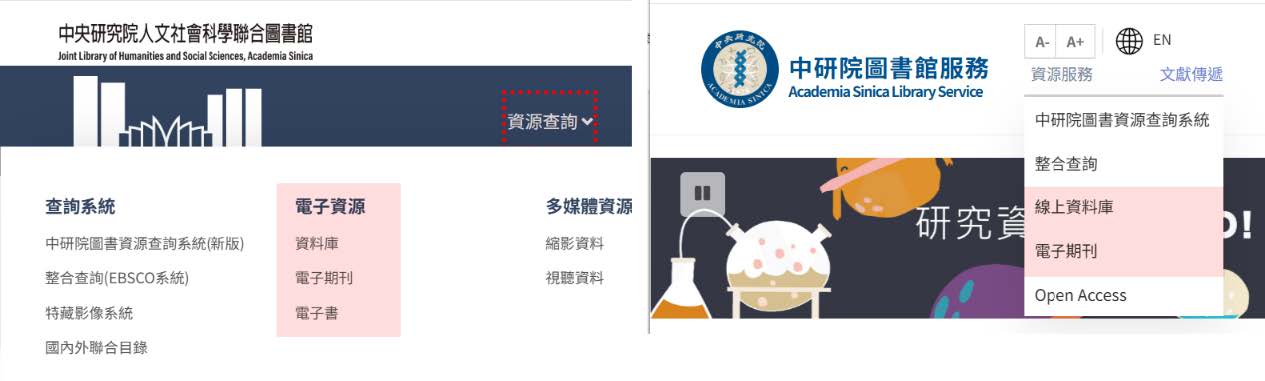 聯圖及中研院圖書館服務網頁之電子資源清單連結使用圖示